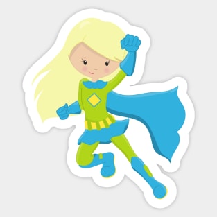 Superhero Girl, Cute Girl, Blonde Hair, Blue Cape Sticker